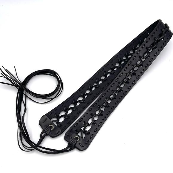 VINTAGE HIPPIE BOHO leather tie belt black handmade / crafted main image 6